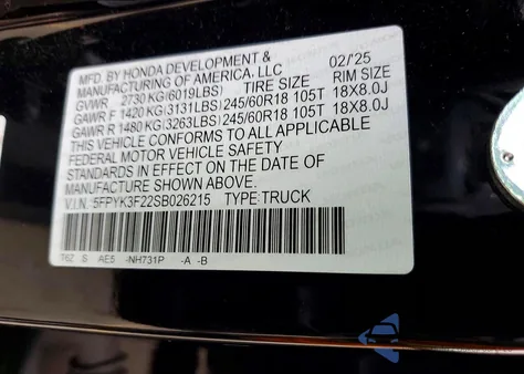 2025 Honda Ridgeline Sport from USA, damaged, VIN 5FPYK3F22SB026215